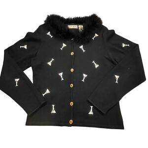 Vintage Silk Blend Cardigan Faux Fur Trim Beaded Martini Glasses Black Women M